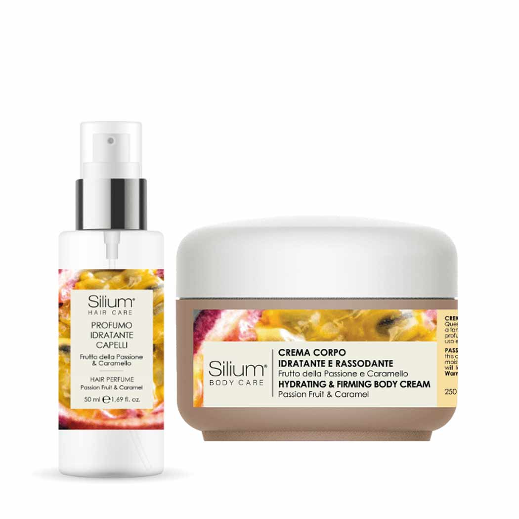 Silium PROFUMO IDRATANTE per Capelli + Crema Corpo Idratante e Rassodante Frutto della Passione e Caramello
